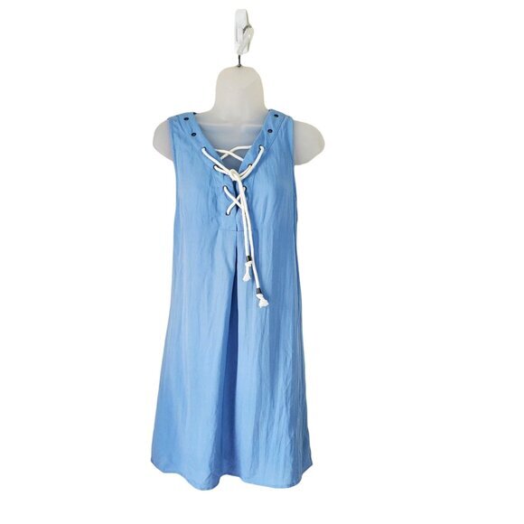 ENTRO Womens Dress SZ M Nautical Chambray Blue Grummets Corset Tie Sleeveless‎ - Picture 1 of 8
